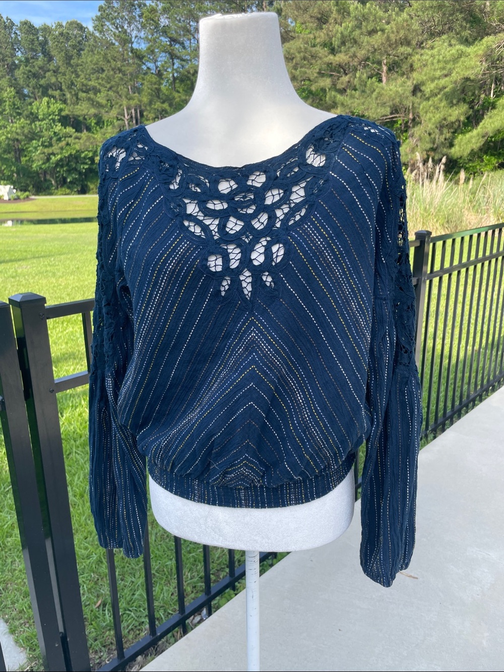 Free People Navy Crochet Yoke Textured Stripe Pullover Top